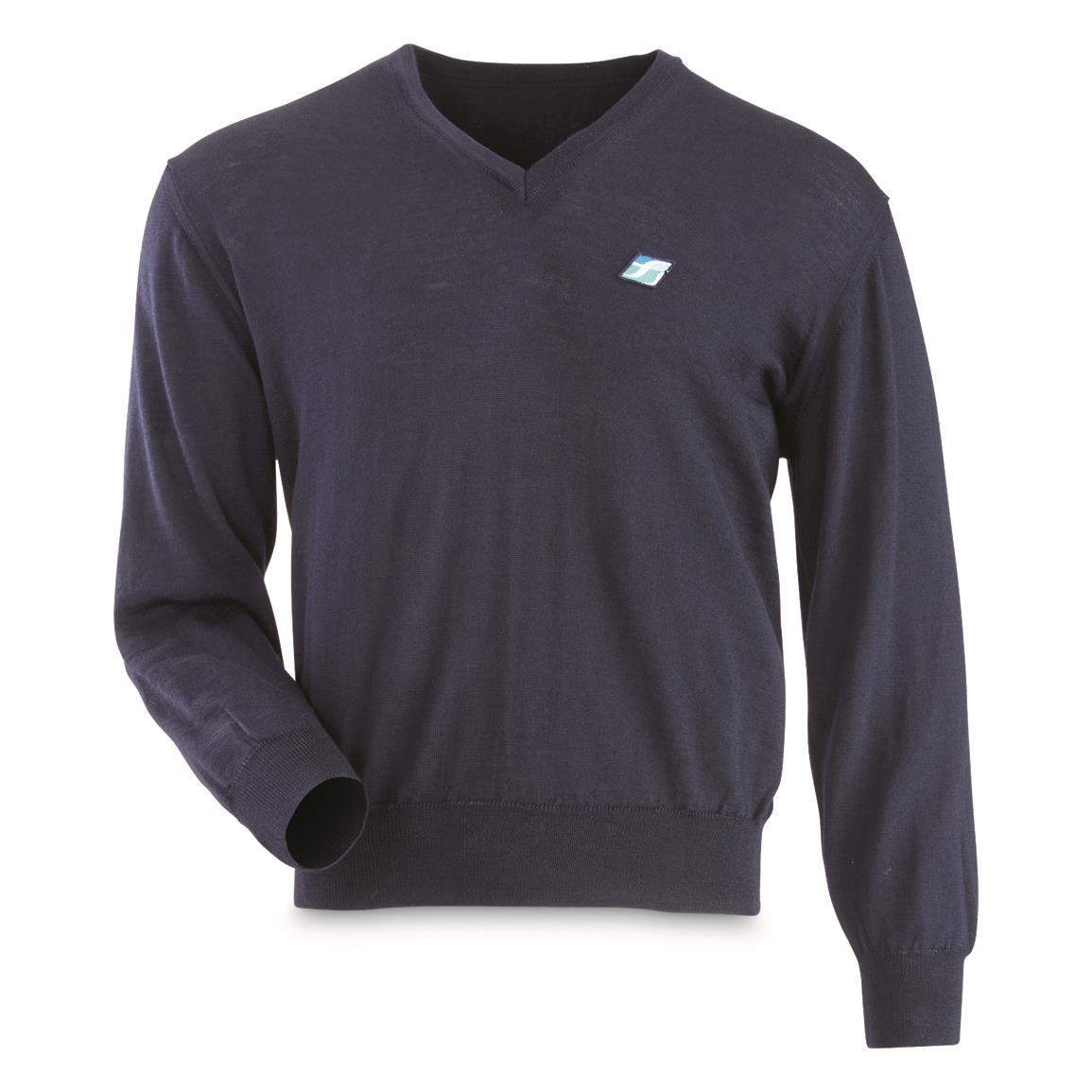 Italian Military Surplus V-neck Wool Sweater, New — Navy / Large; Italian wool V-neck sweater