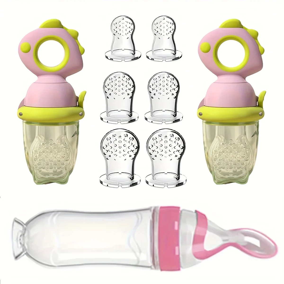 Baby fruit feeder and squeeze spoon bottle set, silicone, 9 pieces — representative supplier photograph