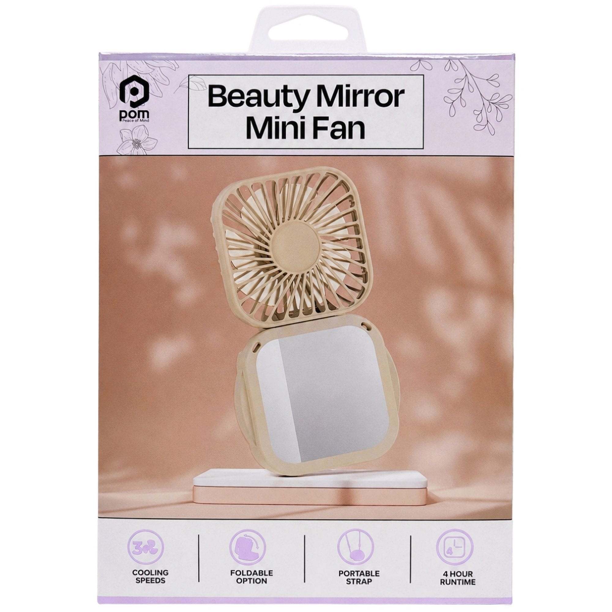 Bulk 12-Pack: POM Gear Rechargeable Folding Beauty Mini Fan with Mirror & Neck Strap in Tan