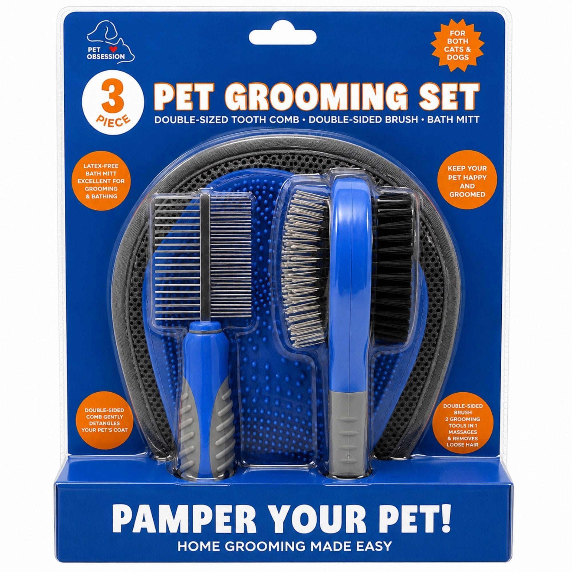 Pet Obsesson 3 Piece Pet Grooming Set with Double Sided Tooth Comb Double Sided Brush and Bath Mitt in Assorted Colors (pack of 4)