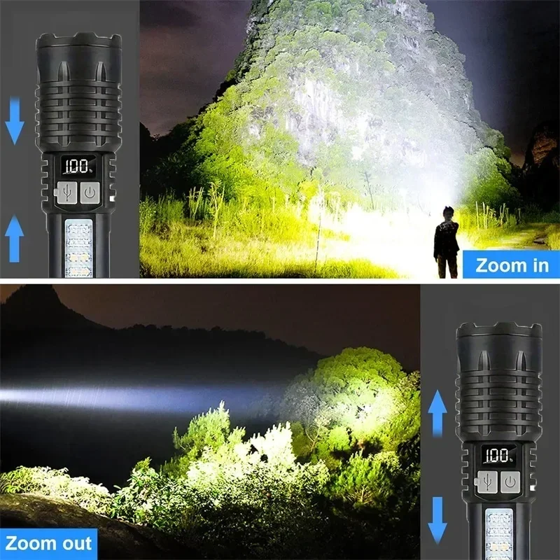 Rechargeable zoom flashlight with COB side light and battery display — representative supplier photograph