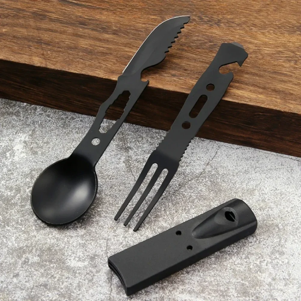 Camping spoon and fork tool set with sheath, black — representative supplier photograph