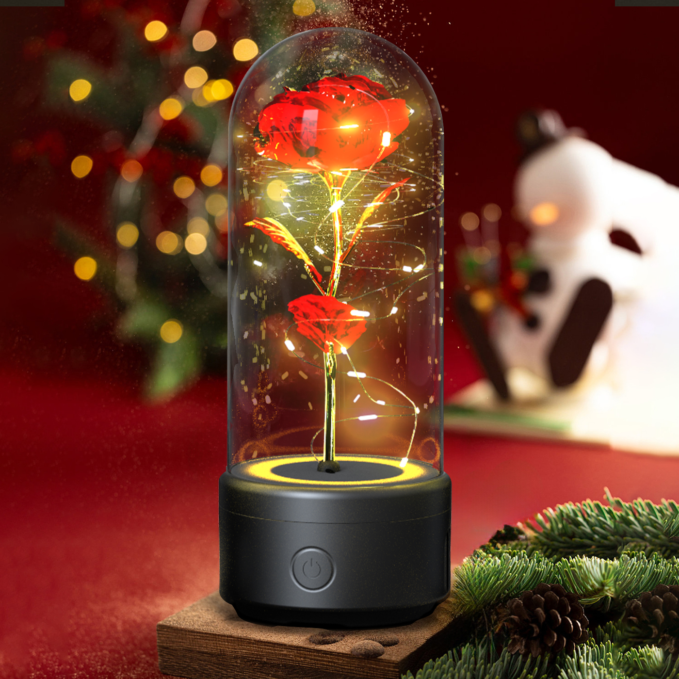 Creative 2 In 1 Rose Flowers LED Light And Bluetooth-compatible Speaker Valentine's Day Gift Rose Luminous Night Light Ornament In Glass Cover — Black Base Red Flower
