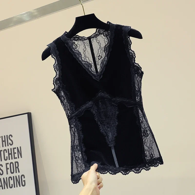Women's sleeveless lace and velvet V-neck top, black, S to L — representative supplier photograph