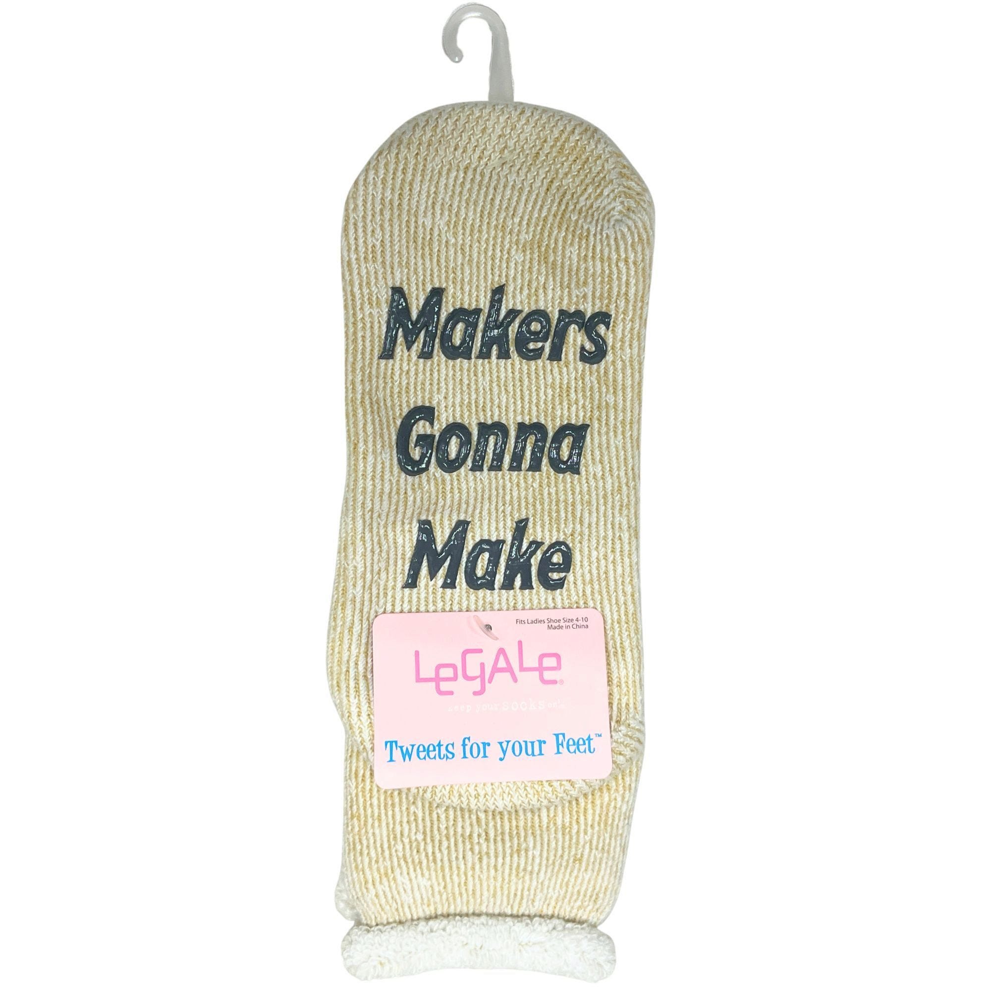 Bulk 24-Pack: Legale 1 Pair Cozy Socks "Makers Gonna Make" w/ Grip Ivory Ladies Shoe Size 4-10