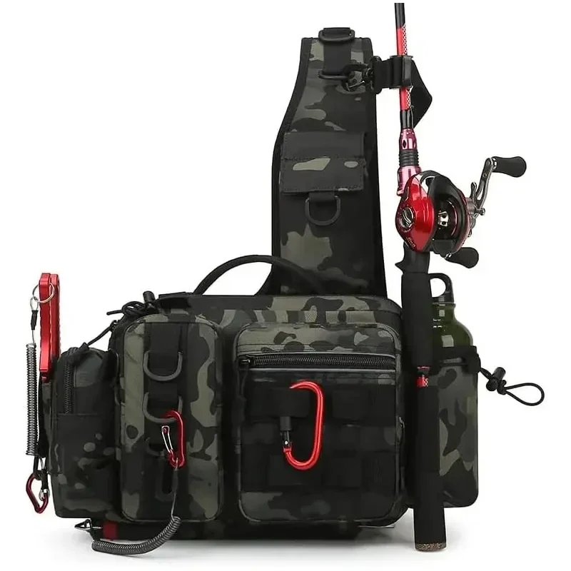 Fishing tackle sling backpack with rod holder — representative supplier photograph