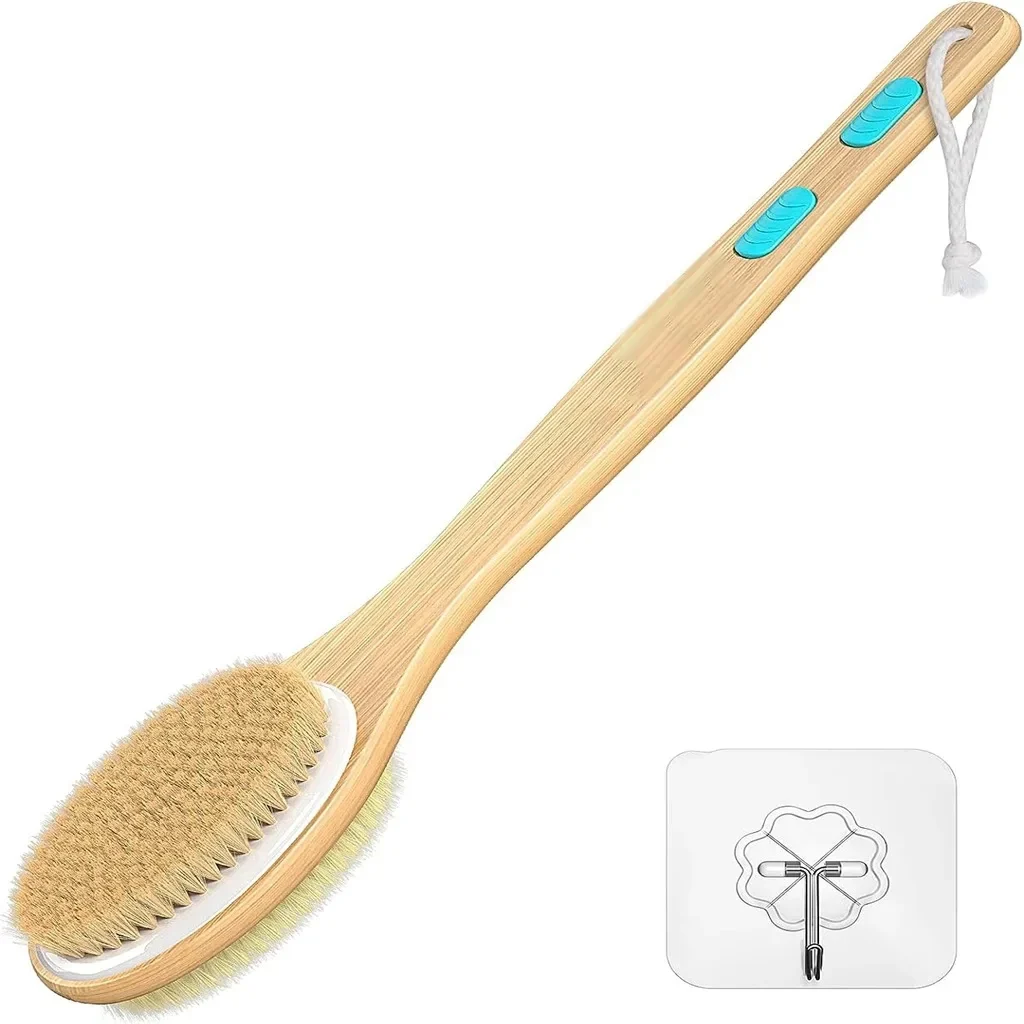 Long-handled wooden back brush with soft and stiff bristles