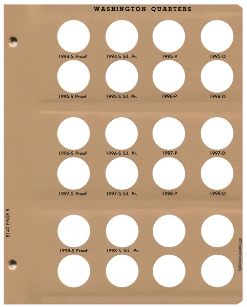Washington Quarters with Proof Replacement Page 8 1994-S Pr.- 1998-S Sil. Pr.