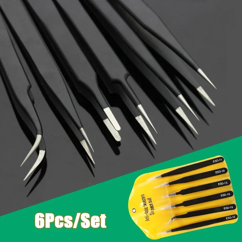 Anti-static precision tweezer set, 6 pieces