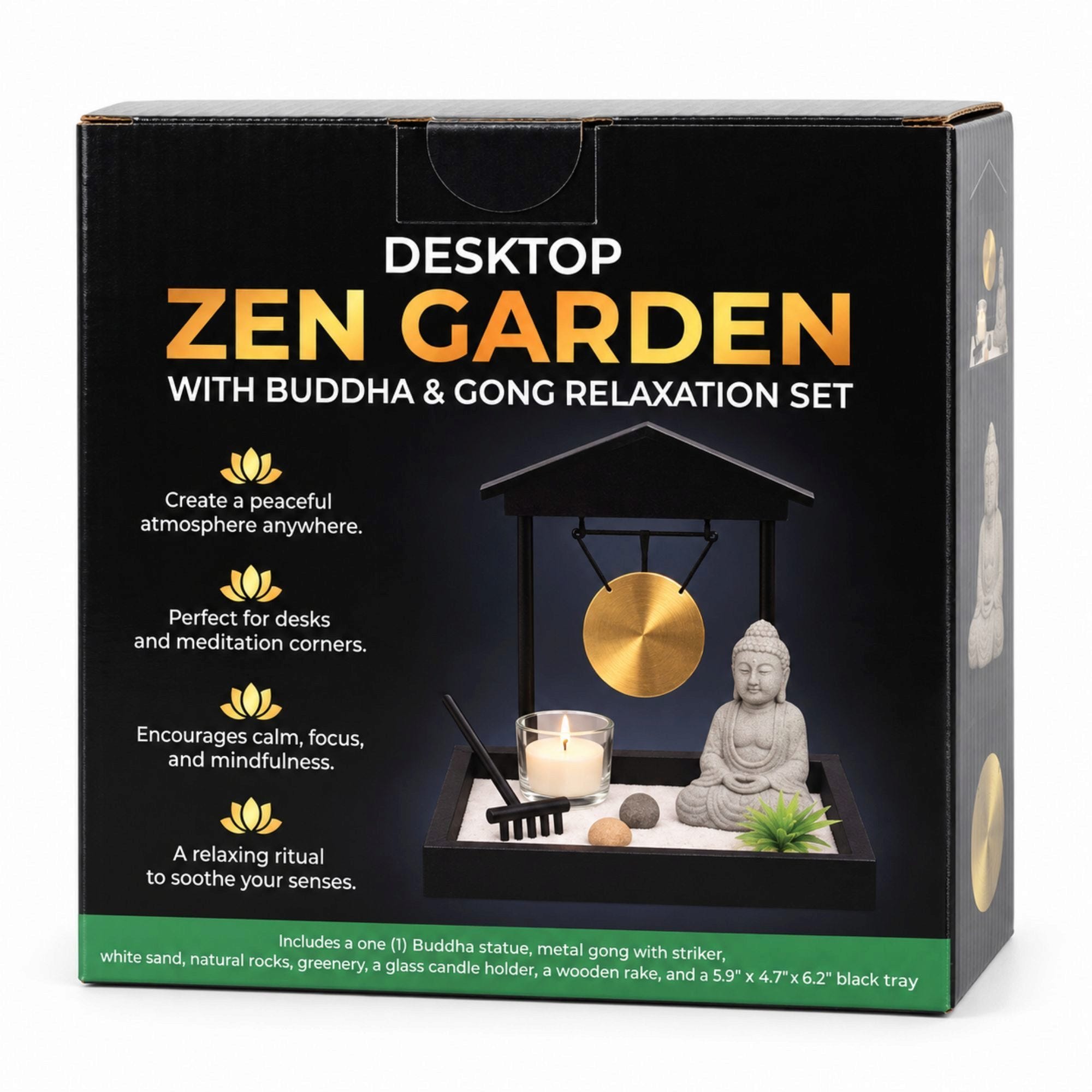 Desktop Zen Garden with Buddha and  Gong Relaxation Set (pack of 6)