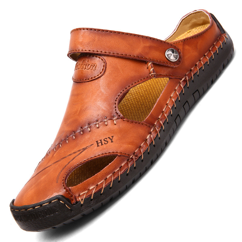 Men's Closed Toe Sandals Summer Adjustable Slides Slippers Fashion Beach Shoes — Red brown-39