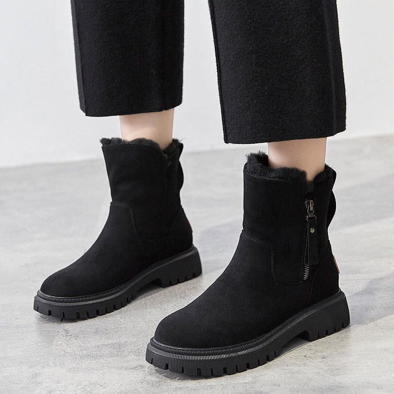 Middle Tube Plush Warm Cotton Shoes Leather And Fur Integrated Winter Women's Boots — Black-36