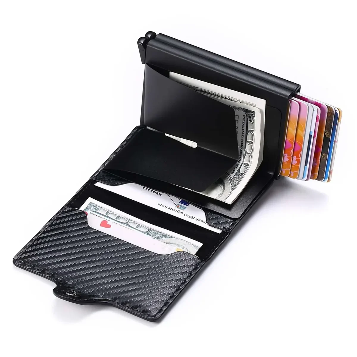 Slim pop-up card case wallet with fold-over cover — representative supplier photograph