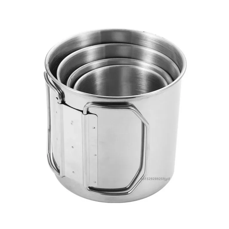 Stainless steel camping mug with folding handles, 250 to 700 ml