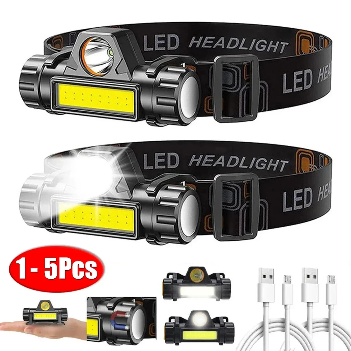 Detachable magnetic LED headlamp with spot and flood light, USB rechargeable — representative supplier photograph