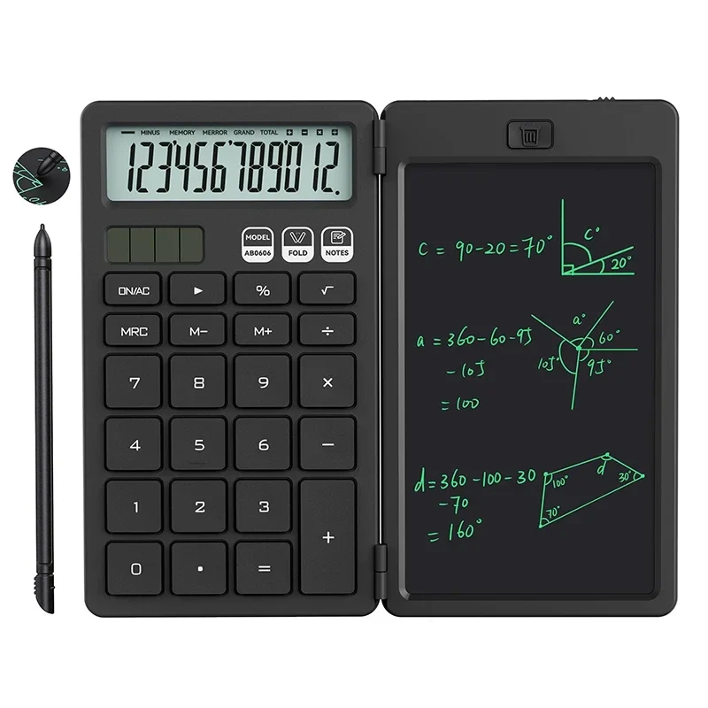 12-digit calculator with LCD writing pad, solar and rechargeable — representative supplier photograph