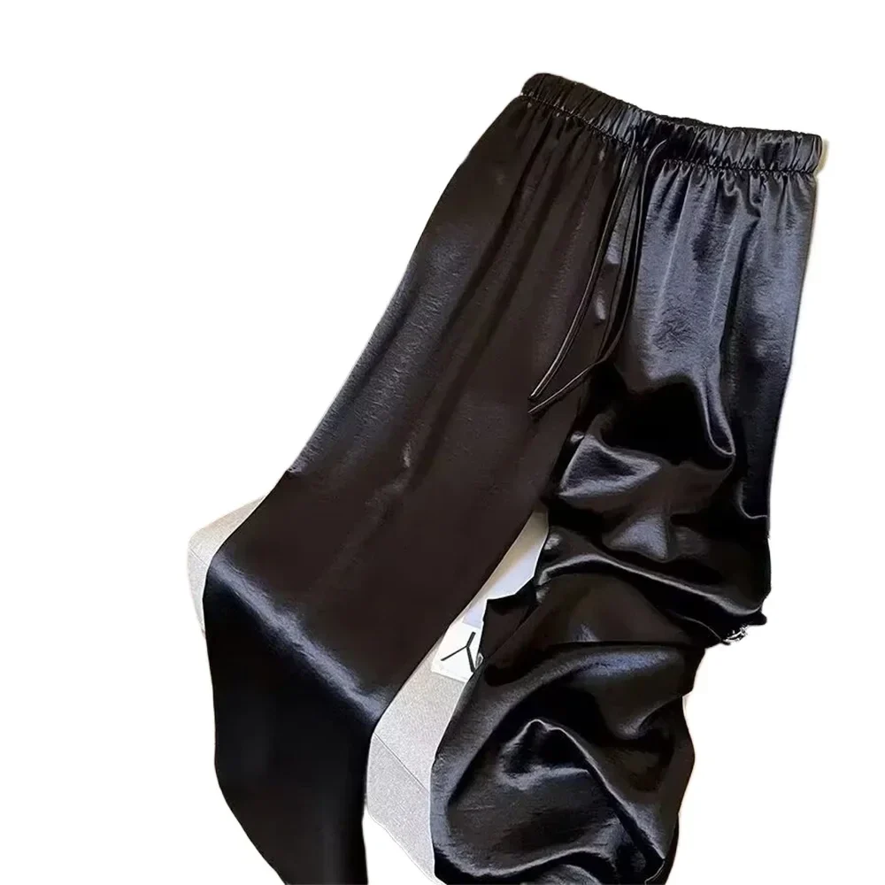 Women's satin wide-leg pants with elastic high waist, S to 3XL — representative supplier photograph