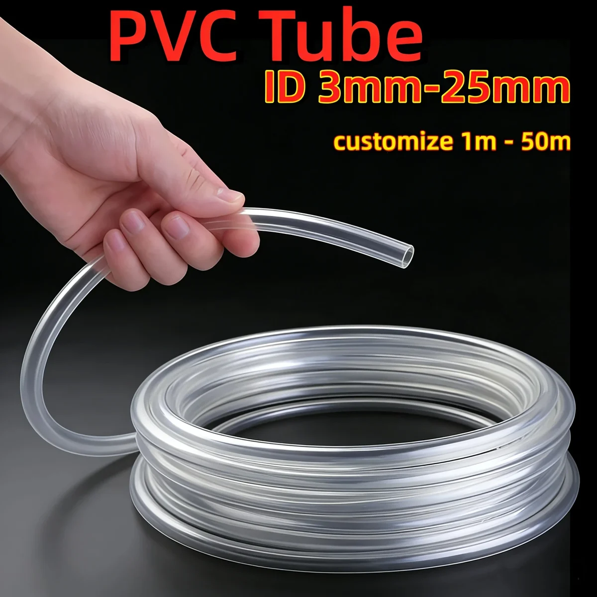 Clear flexible PVC tubing, 3 or 4 mm inside diameter, 1 to 25 m — representative supplier photograph