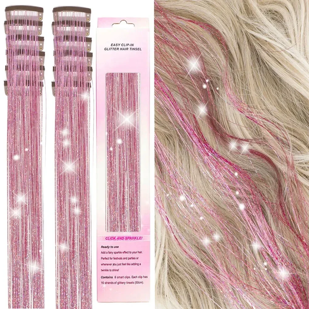 Clip-in hair tinsel strands, pink, 12-pack, 19.7 in — representative supplier photograph