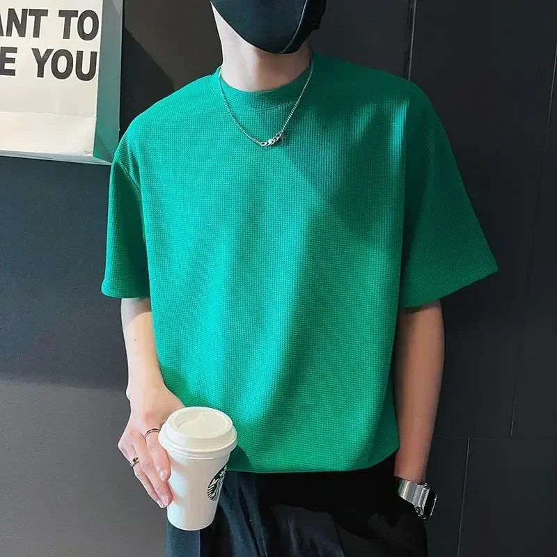 Men's plain waffle-knit T-shirt, loose fit, no logo, S to 3XL — representative supplier photograph