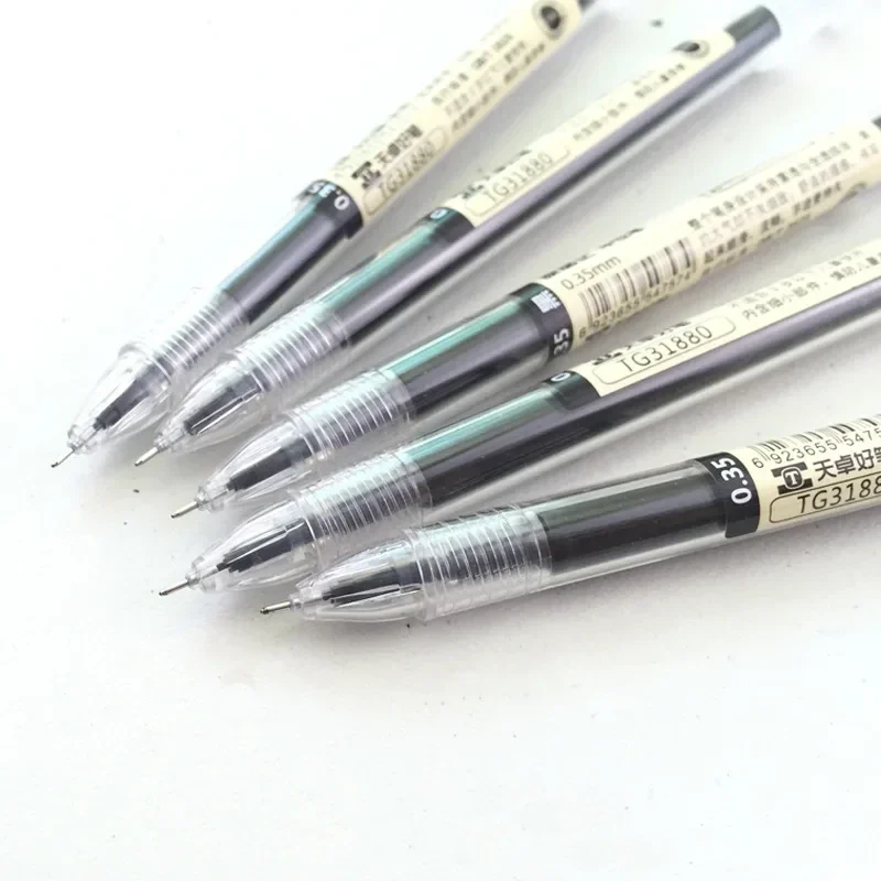 Extra-fine 0.35 mm gel pens with clear barrels, sets with refills — representative supplier photograph