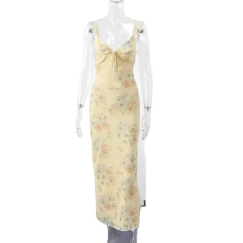Floral print slip maxi dress with ruffle neckline, S to L — representative supplier photograph