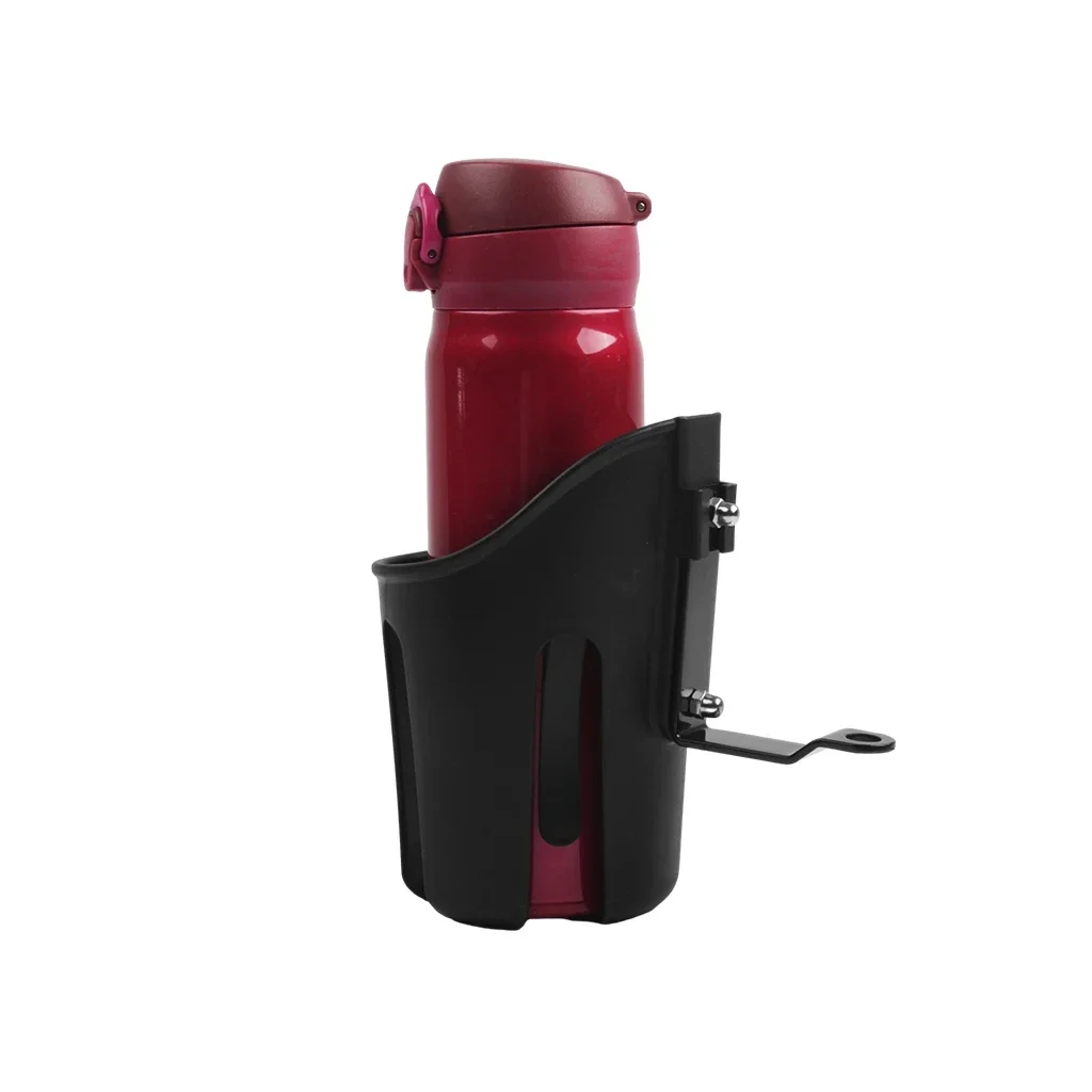 Motorcycle cup holder that clamps to the mirror stem, black — representative supplier photograph