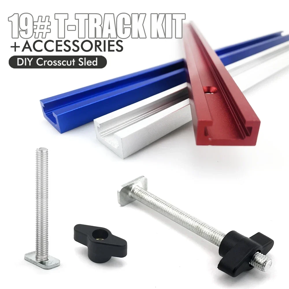 Aluminium T-track kit for jigs and workbenches, four 400 mm tracks with knobs and bolts — representative supplier photograph