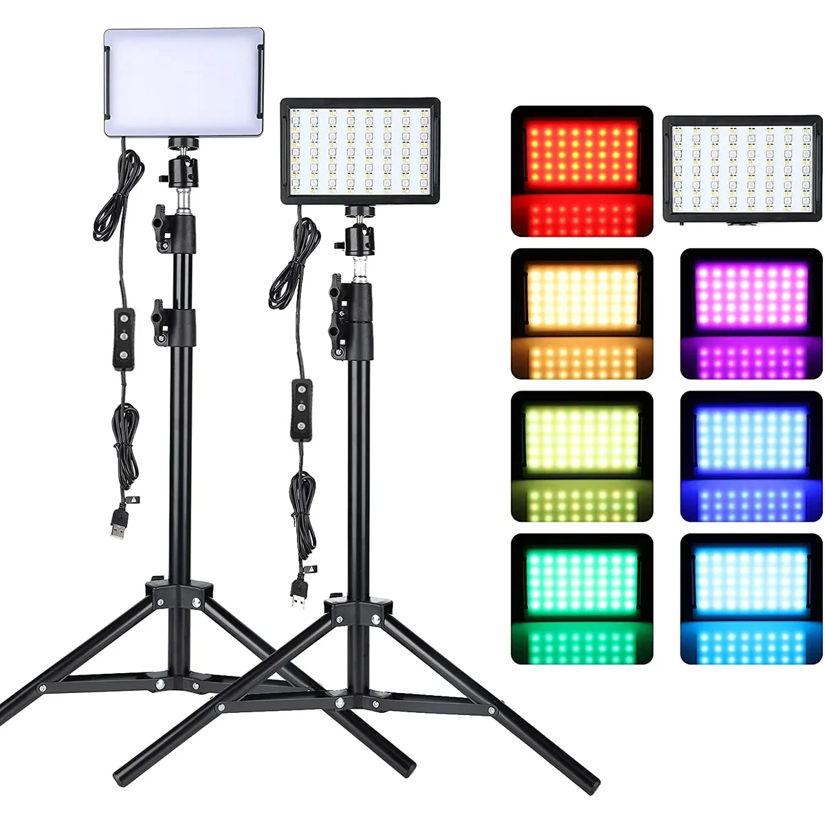 LED video light kit with tripod stand and four colour filters, USB powered — representative supplier photograph