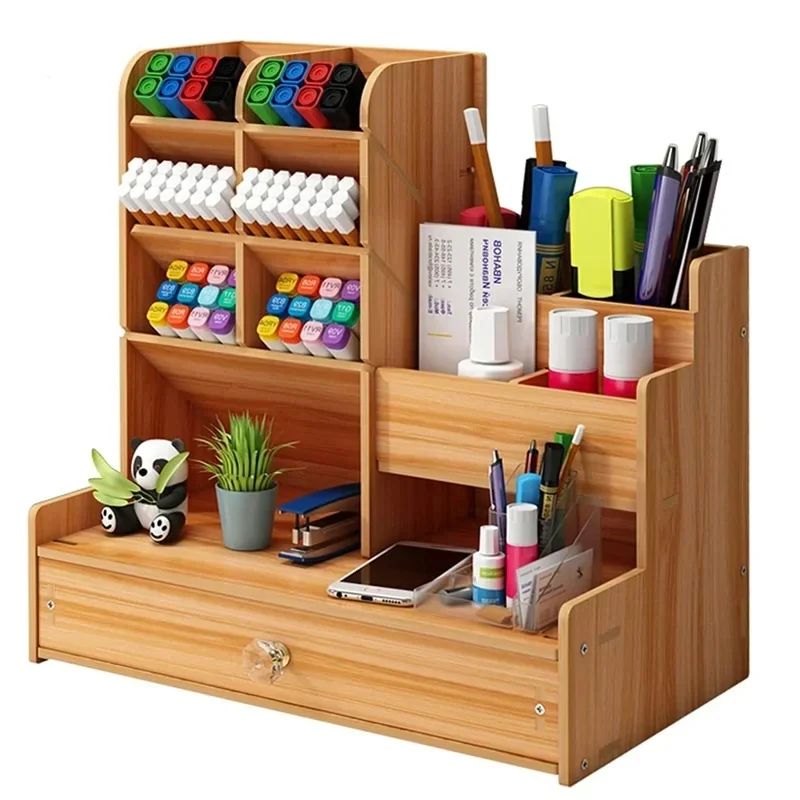 Wooden desk organiser with drawer and pen sections
