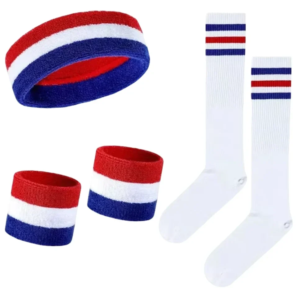 Striped sweatband set: headband, two wristbands and tube socks — representative supplier photograph