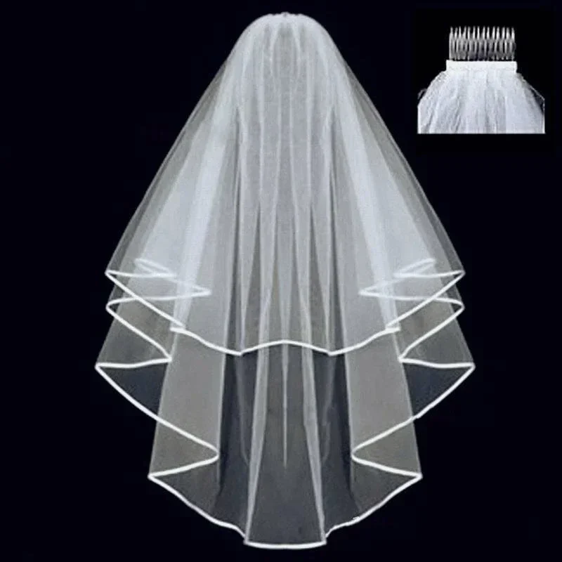 Two-tier ribbon-edge tulle bridal veil with comb, 78 cm — representative supplier photograph
