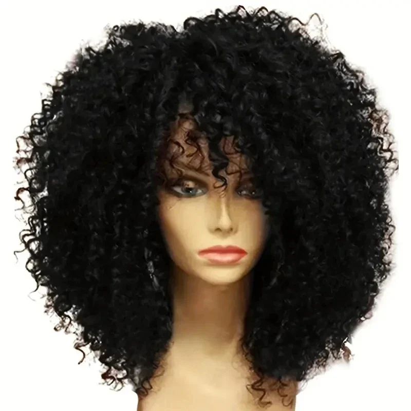 Afro kinky curly wig with fringe, 16 in, black-brown — representative supplier photograph