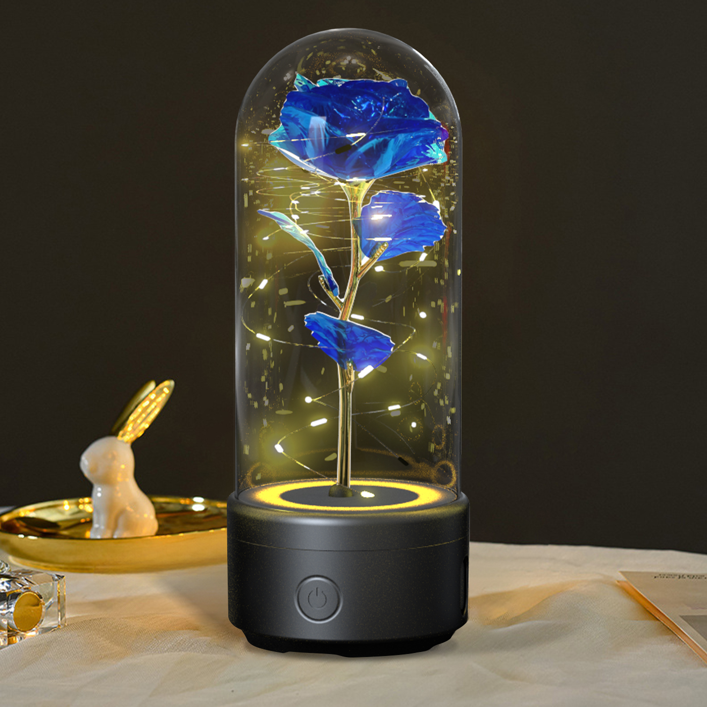 Creative 2 In 1 Rose Flowers LED Light And Bluetooth-compatible Speaker Valentine's Day Gift Rose Luminous Night Light Ornament In Glass Cover — Black Base Blue Flower