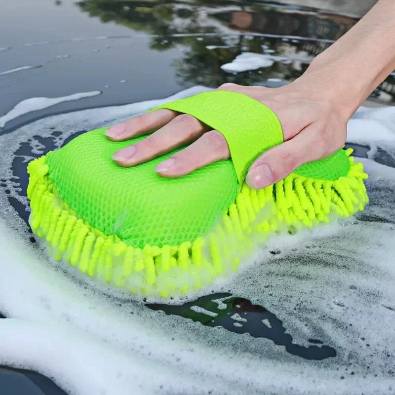 Microfiber chenille car wash mitt sponge with hand strap