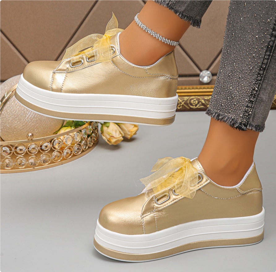 Single Large Size Casual European And American Lace-up Flat Round Toe Platform Women's Shoes — Gold-36
