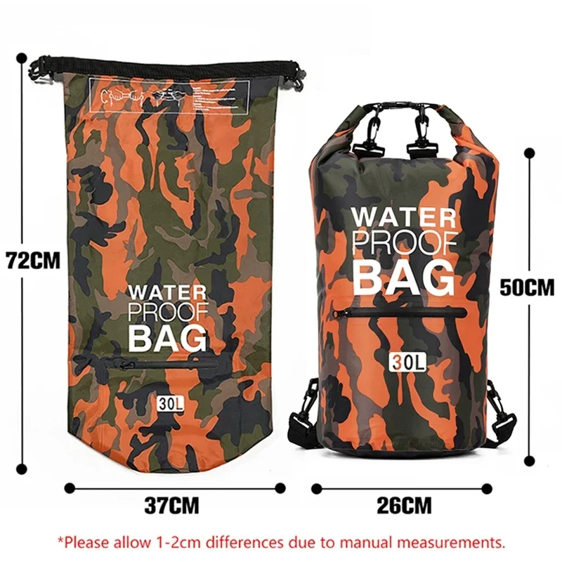 30 L roll-top dry bag backpack with wet pocket, orange camo — representative supplier photograph