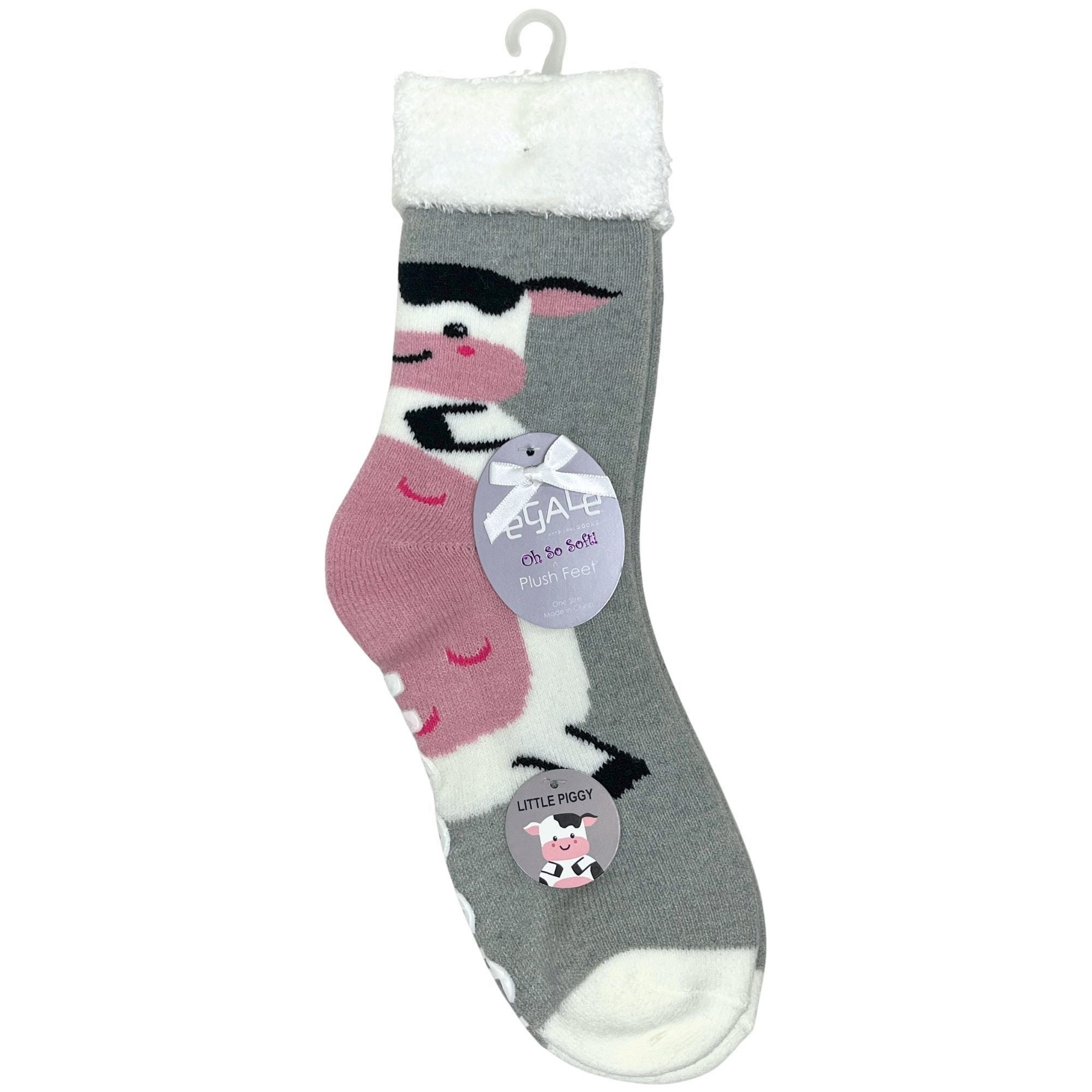 Bulk 24-Pack: Legale 1 Pair Plush Socks Duo Layer Cow Design w/ Grip Grey One Size
