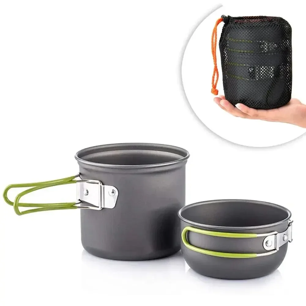 Two-pot aluminium camping cook set with mesh bag — representative supplier photograph
