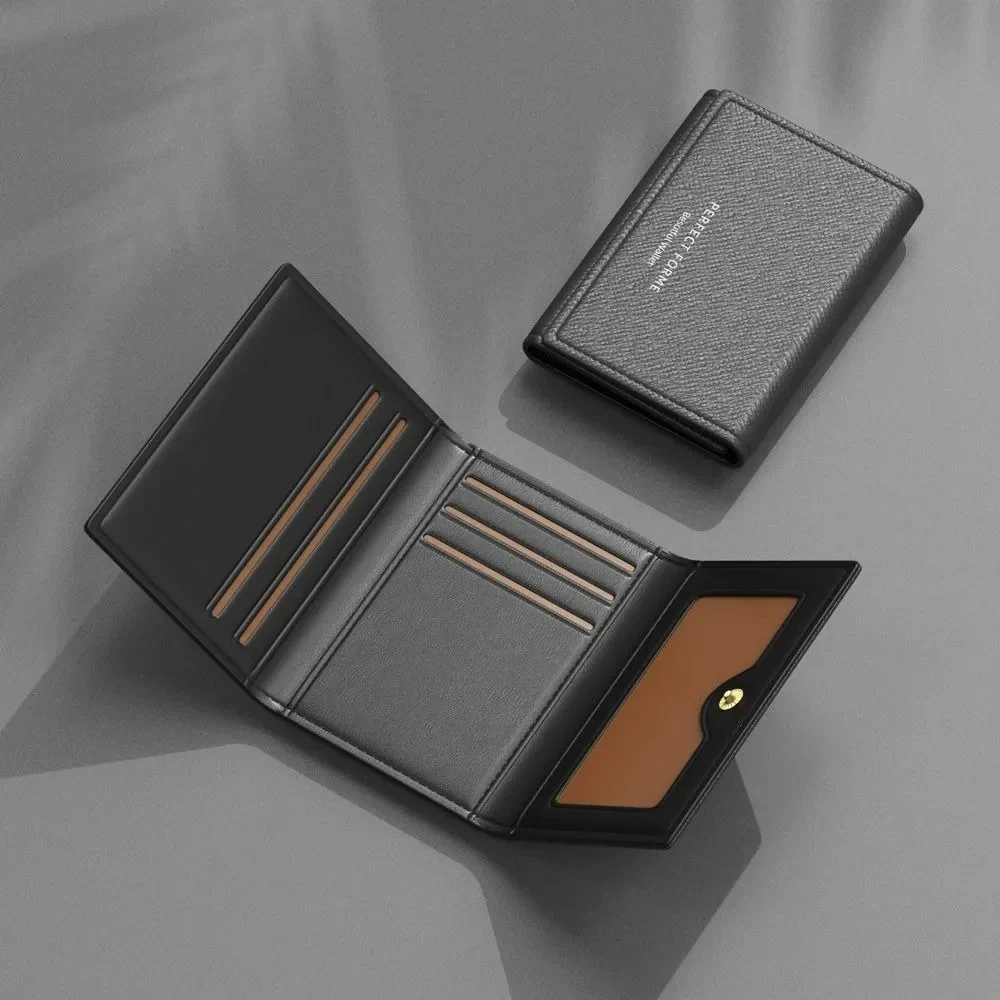 Compact trifold card wallet with snap closure, faux leather — representative supplier photograph