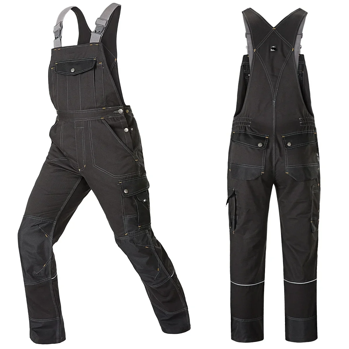 Multi-pocket work bib overalls, black cotton blend, S to 5XL — representative supplier photograph