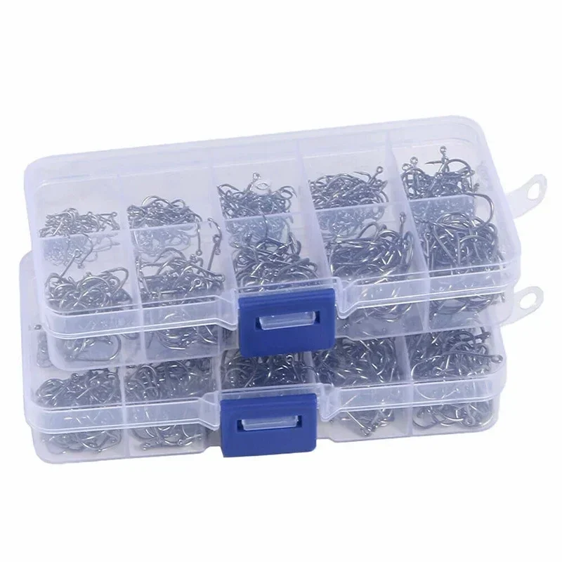 Barbed carbon steel fishing hooks in a compartment box, 50 to 1600 — representative supplier photograph