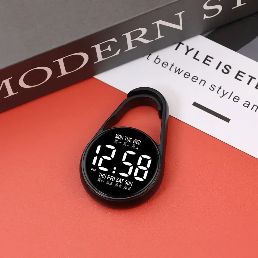 LED carabiner clip watch with day and date display — representative supplier photograph