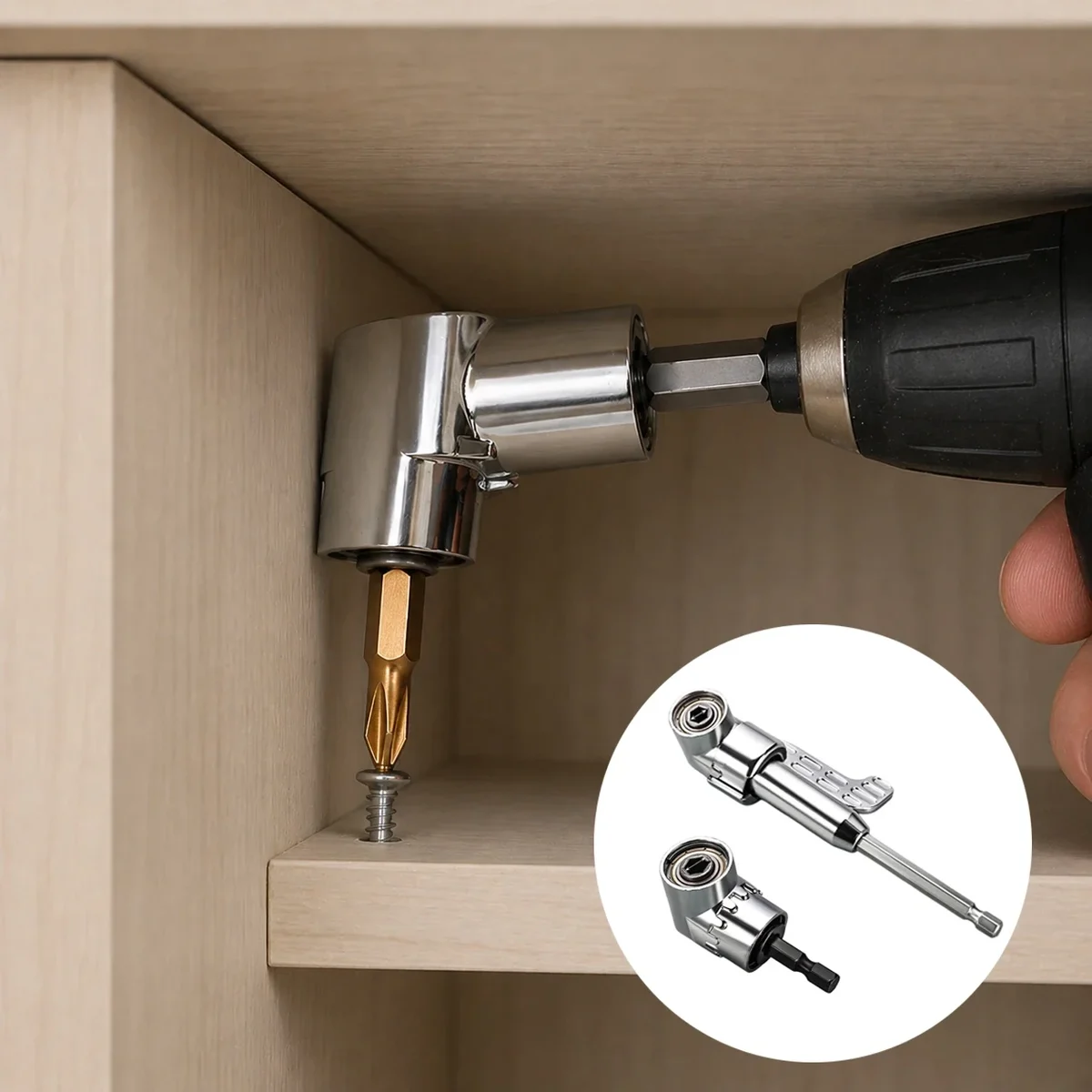Right-angle 105-degree drill adapter for 1/4 in hex screwdriver bits — representative supplier photograph