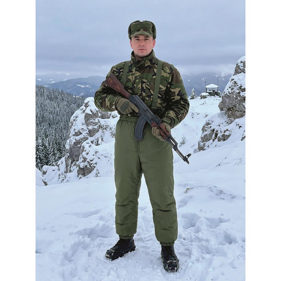 Romanian Military ECW Level 6 Pants with Suspenders, New — SMALL / Olive Drab