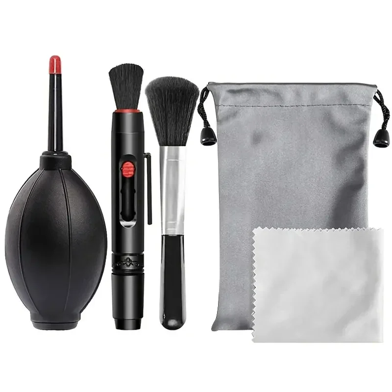 5-piece camera cleaning kit with air blower, lens pen and brush — representative supplier photograph