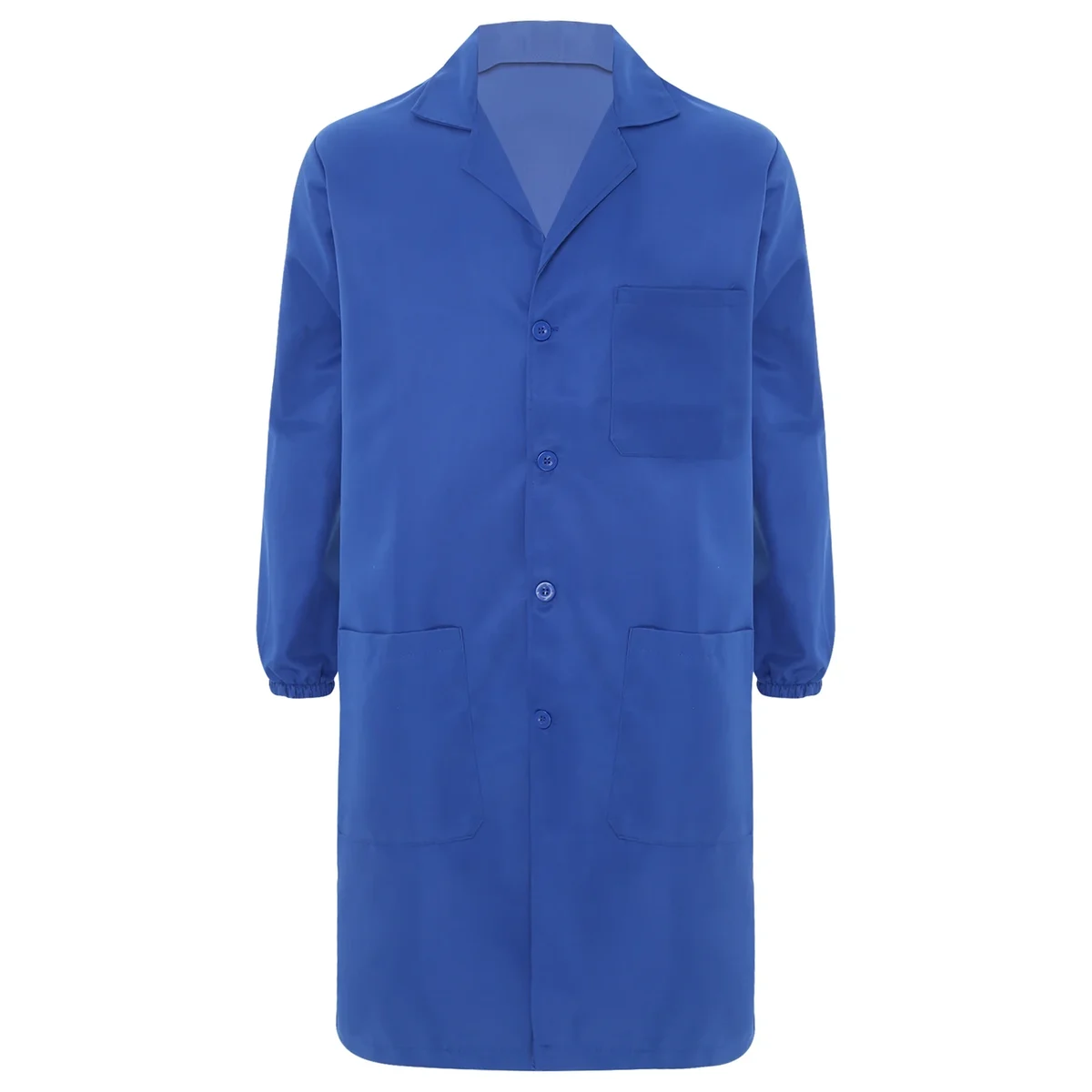 Unisex long work coat with button front and pockets, shop and lab coat style — representative supplier photograph