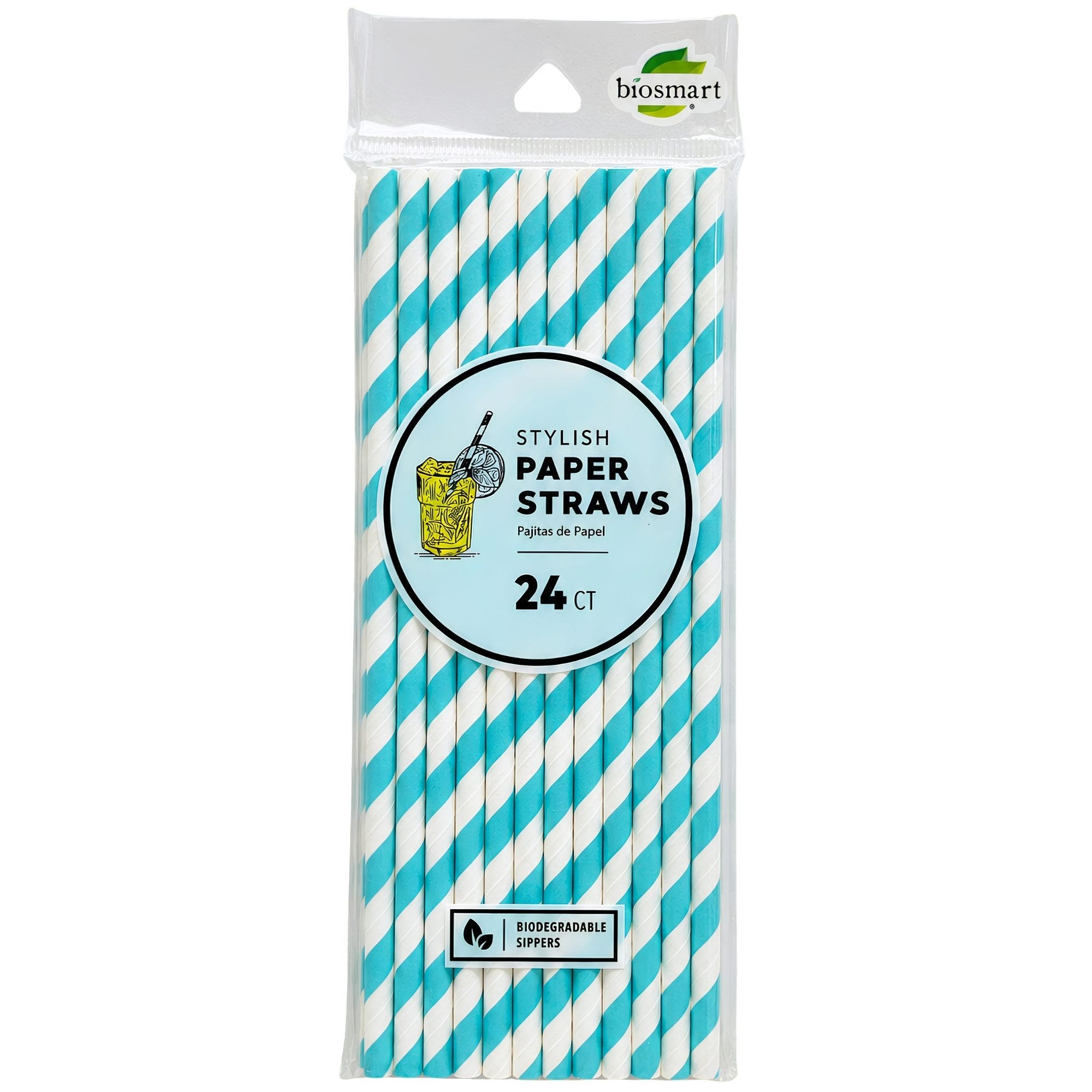 Bulk 44-Pack: BioSmart 24 Pack Biodegradable Paper Straws in Blue Stripe