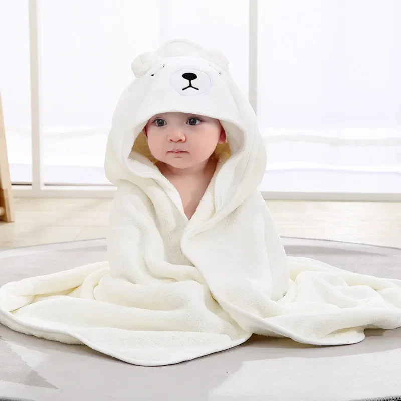 Hooded baby bath towel, coral fleece, white bear, 80 x 80 cm — representative supplier photograph