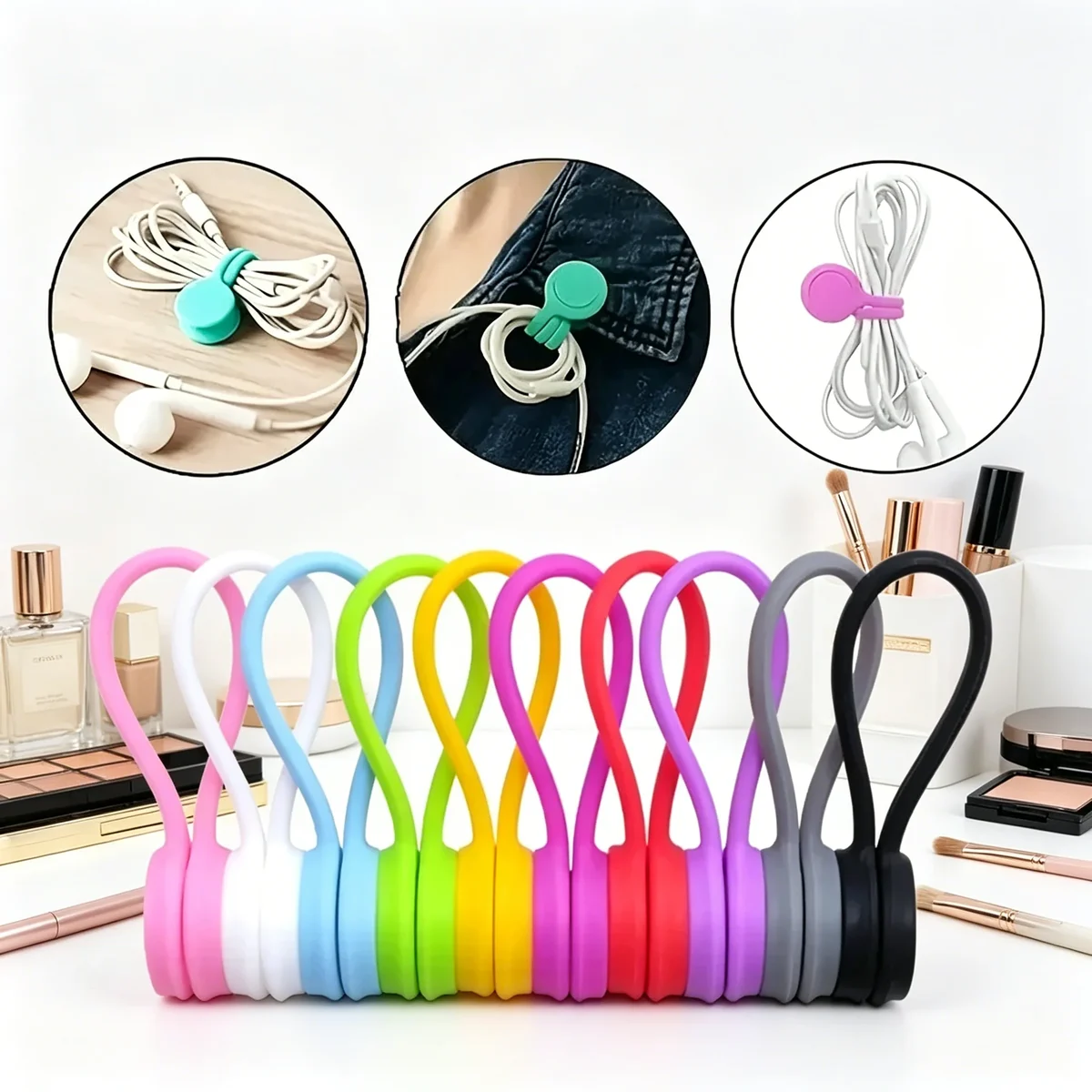 Magnetic silicone cable ties, reusable, mixed colors — representative supplier photograph